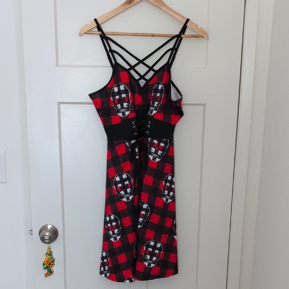 Gothic Red and Black Plaid Skull Dress With Corset Tie Accent